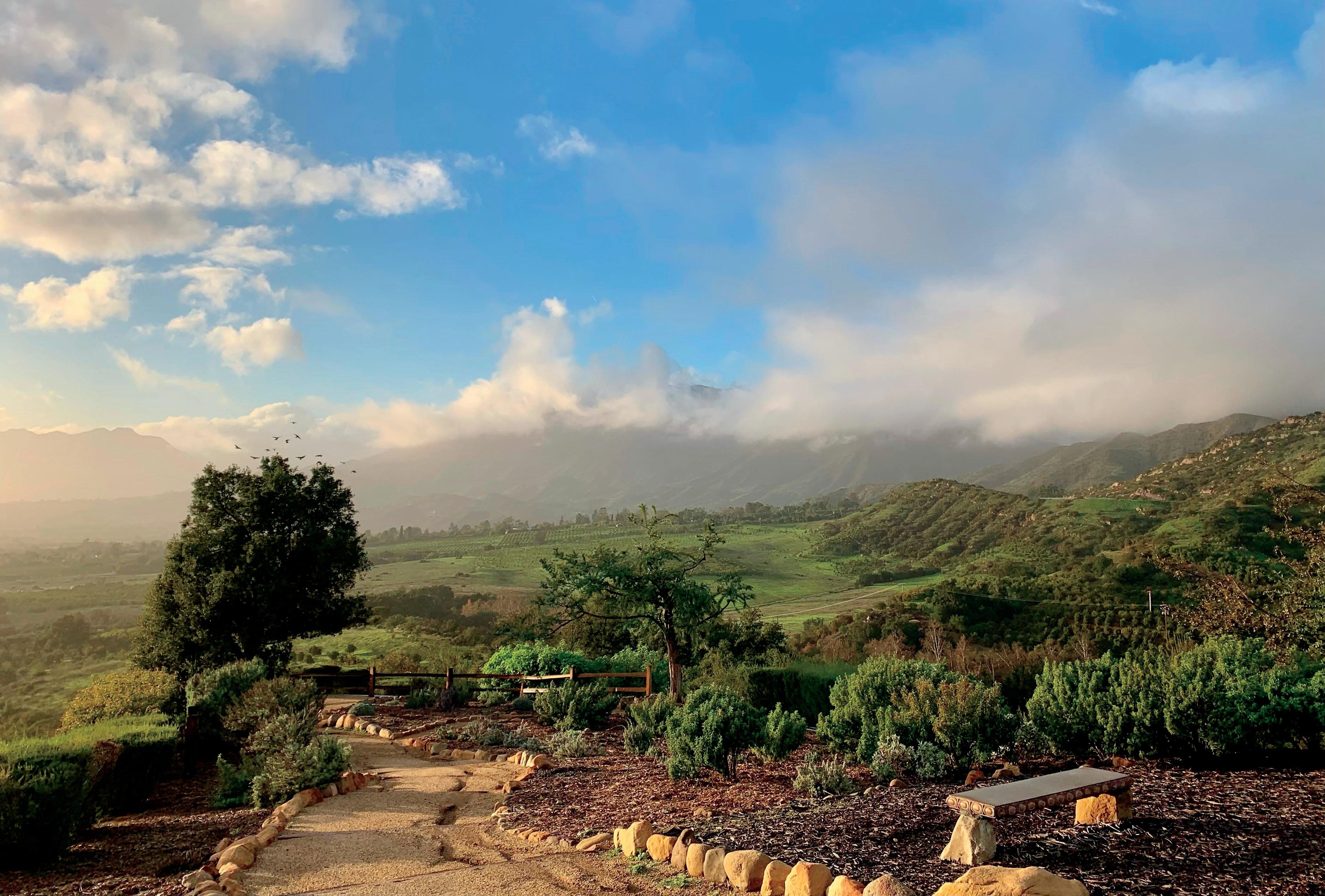 A garden path overlooking green fields and cloud-covered mountains